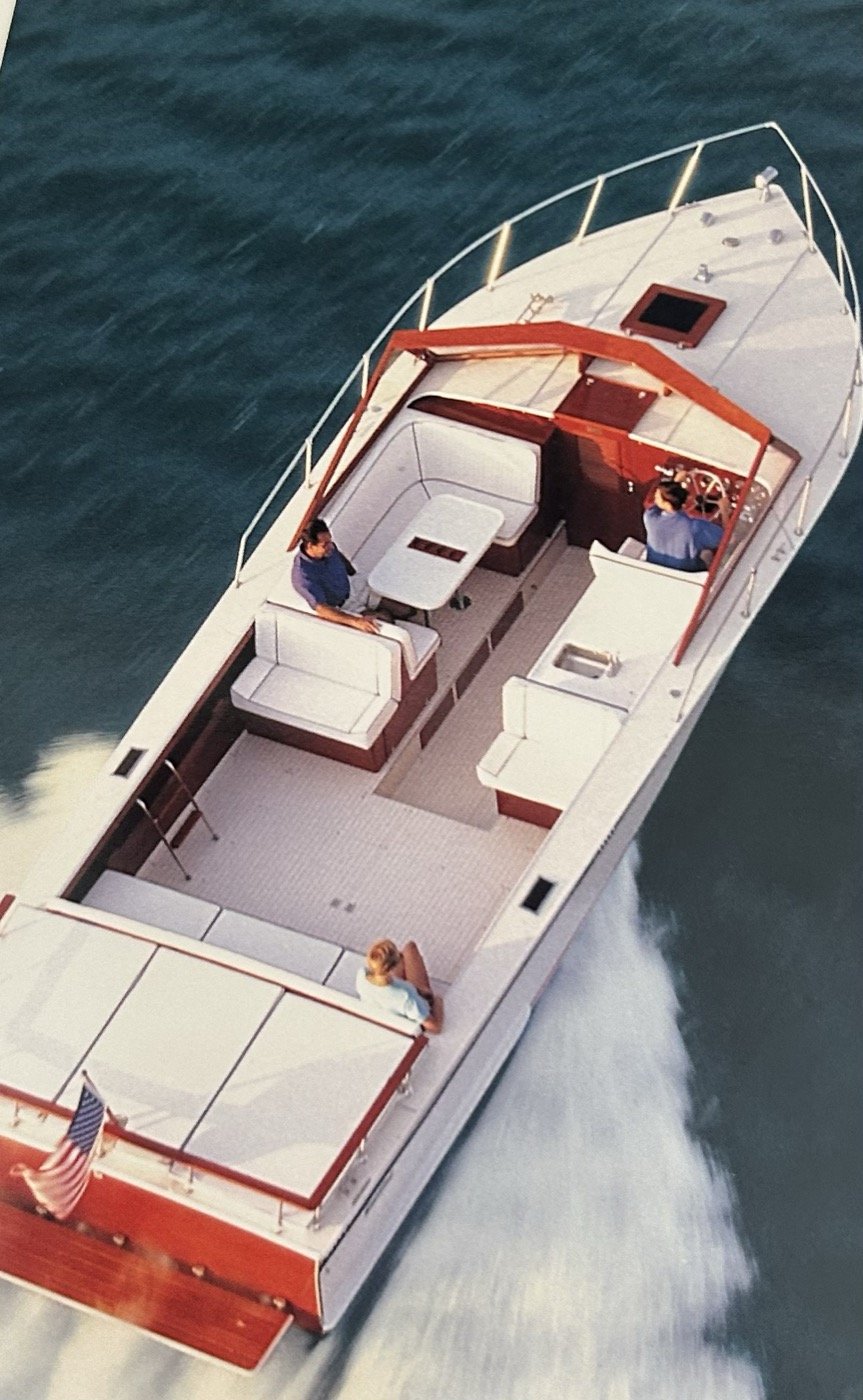 Skiff Craft underway, seen from above on a Minnesota lake.